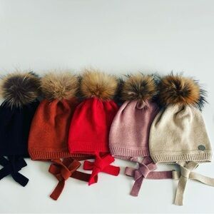 Kids Knit Pom Pom Hat with Ties - Red, Pink, Beige, Black, Rust